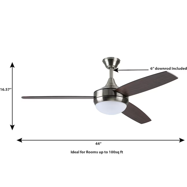 Harbor Breeze Beach Creek Ventilador de techo con barra descendente LED integrada para interiores o montaje empotrado de níquel cepillado de 44 pulgadas con luz y control remoto (3 aspas)