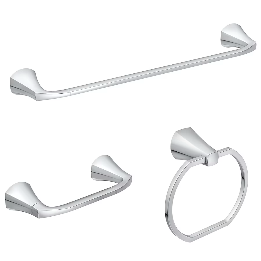 Moen 3-teiliges Lindor Chrom-Dekorations-Badezimmer-Hardware-Set mit Handtuchstange, Toilettenpapierhalter und Handtuchring