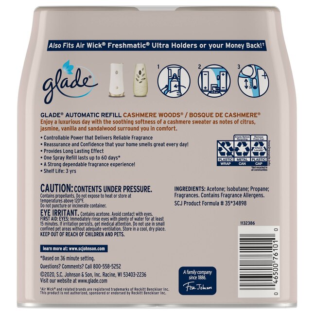 Ambientador de repuesto Glade Automatic Refill de madera de cachemira de 6.2 oz (paquete de 2)