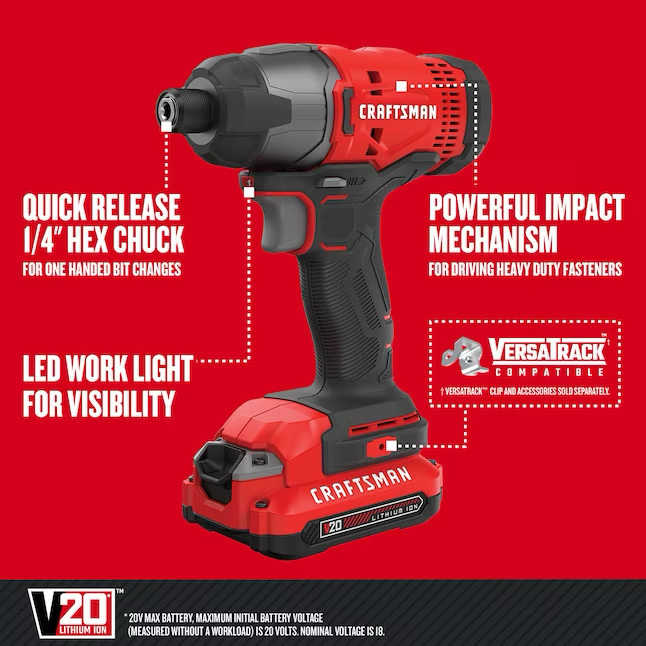 Craftsman 20-Volt-Max-1/4-Zoll-Akku-Schlagschrauber (1 Akku im Lieferumfang enthalten, Ladegerät im Lieferumfang enthalten)