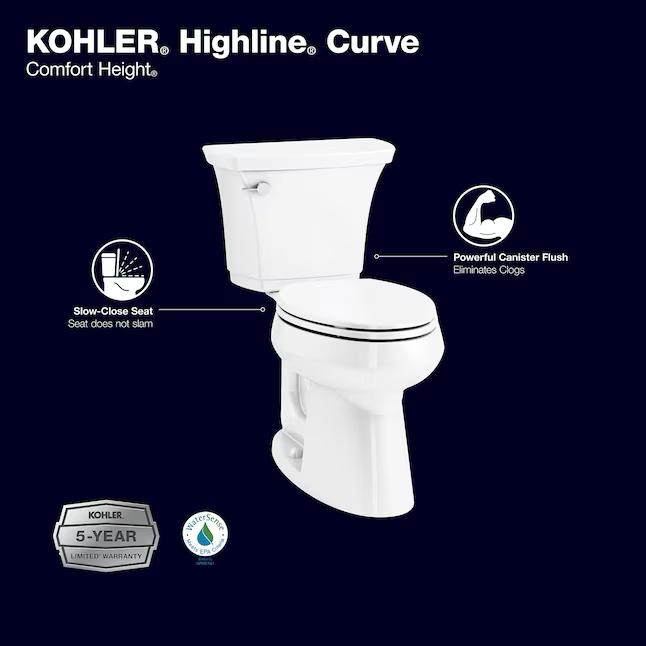 Inodoro KOHLER Highline blanco alargado con altura de silla, 2 piezas, WaterSense, cierre suave, 12 pulgadas, empotrable, 1,28 GPF