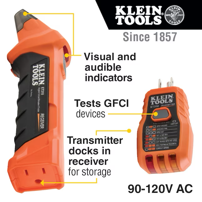 Klein Tools Probador de salida GFCI Pantalla digital Buscador de disyuntores Medidor especializado 120 voltios