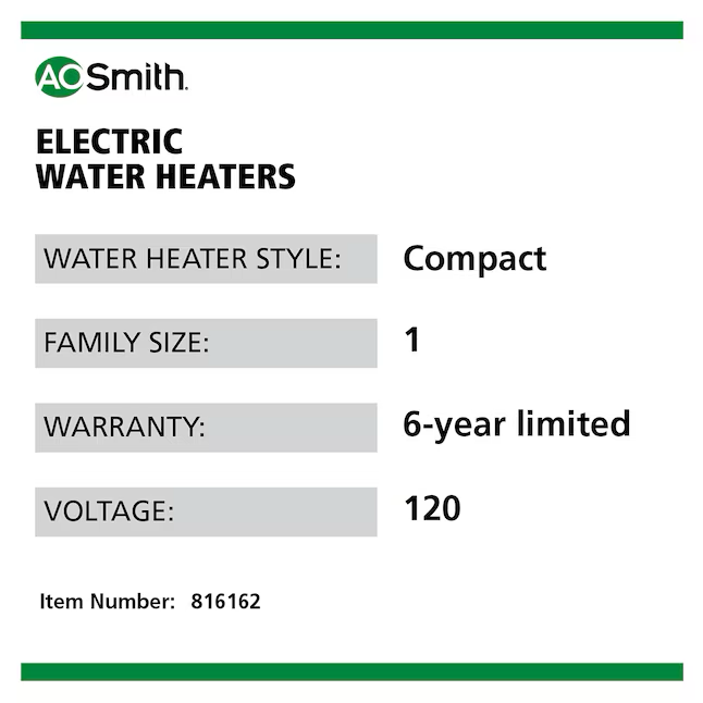 A.O. Smith Signature 100 Series 6-Gallon Compact 6-year Limited Warranty Point Of Use Electric Water Heater