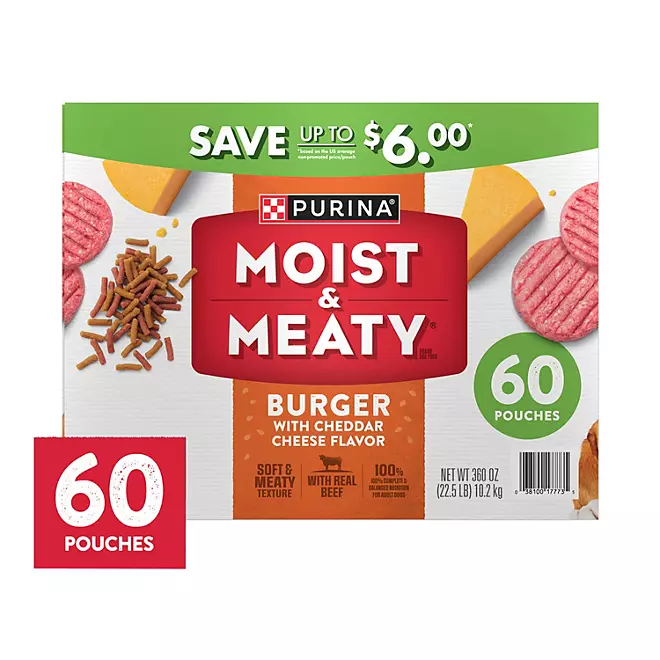 Purina Moist &amp; Meaty Hundefutter, Burger mit Cheddar-Käse-Geschmack, 6 oz., 60 Stk.