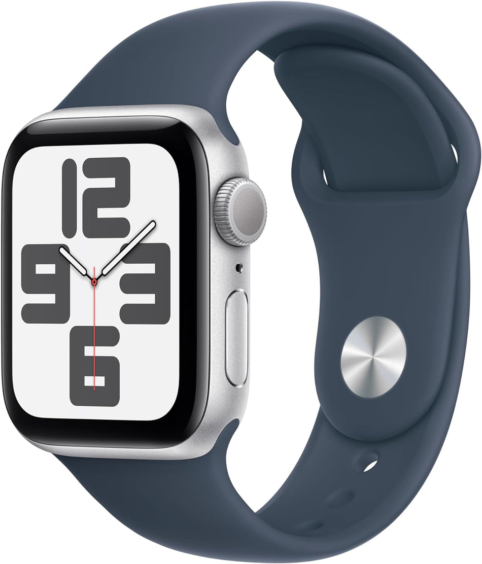 Apple Watch SE (2nd Gen) 40mm Smartwatch with Silver Aluminum Case with Storm Blue Sport Band S/M.