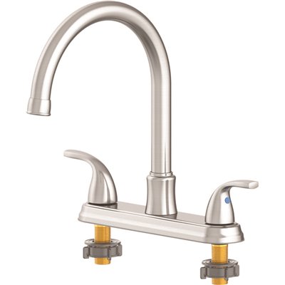 Seasons Raleigh - Grifo de cocina con cuello de cisne y doble manija (acero inoxidable)