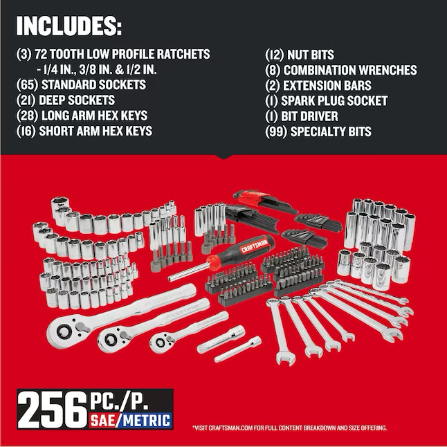 CRAFTSMAN Juego de herramientas mecánicas estándar (SAE) y métricas de cromo pulido de 256 piezas con estuche rígido