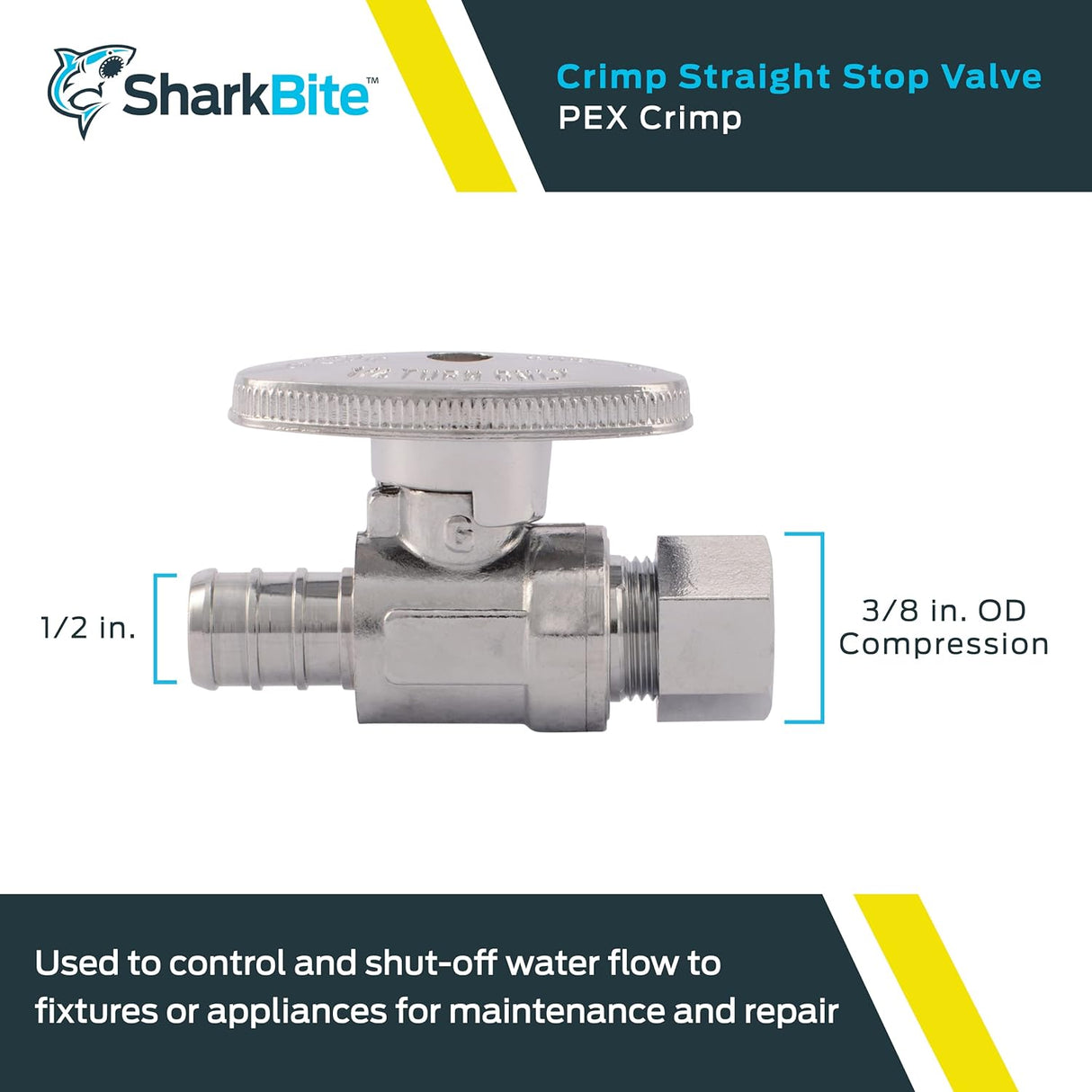 SharkBite Tope recto de cuarto de vuelta de compresión de latón con diámetro exterior de 1/2 pulg. x 3/8 pulg.