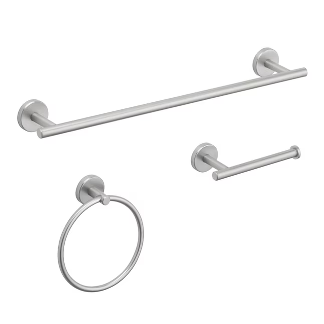 allen + roth 3-Piece Harlow Brushed Nickel Decorative Bathroom Hardware Set with Towel Bar,Toilet Paper Holder and Towel Ring