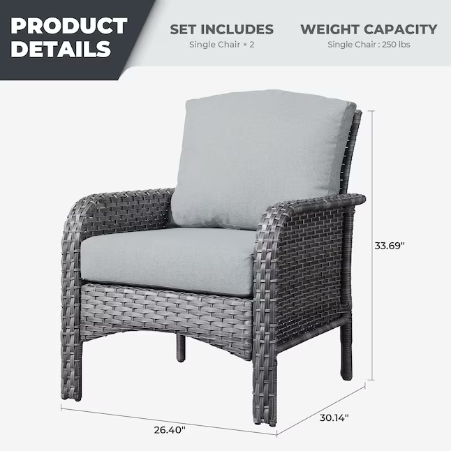 Ovios 2 Wicker Black Iron Frame Stationary Conversation Chair with Dark gray with Cushioned Seat