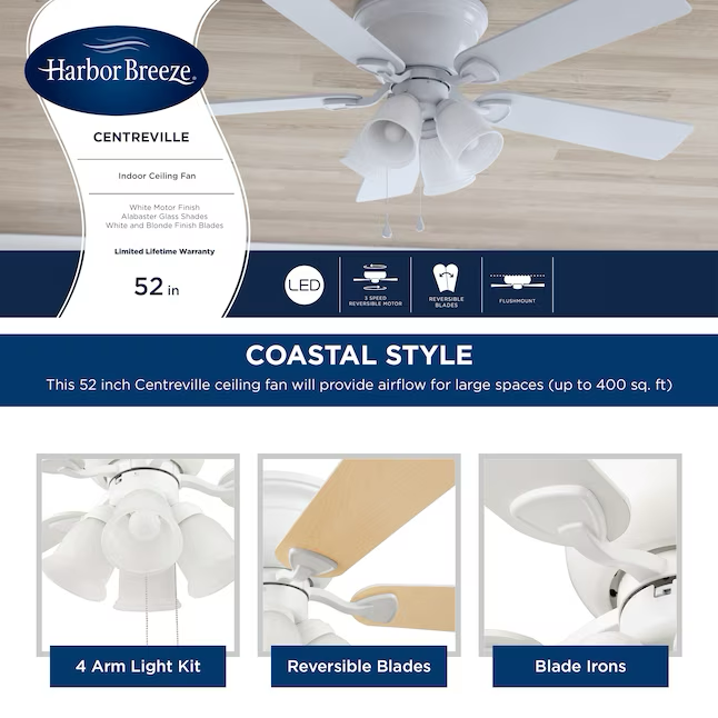 Harbor Breeze Centreville 52-in White Indoor Flush Mount Ceiling Fan with Light (5-Blade)