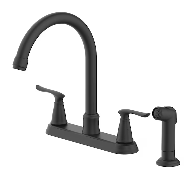 Project Source Grifo de cocina de arco alto con doble manija, color negro mate, Laural (rociador lateral incluido)