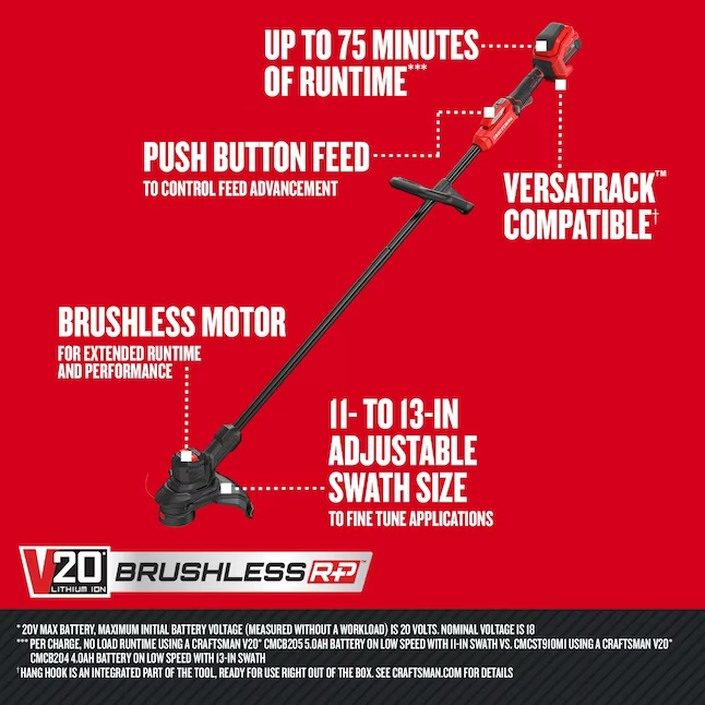 CRAFTSMAN Brushless RP 20 Volt Max 13 Zoll Akku-Fadentrimmer mit gerader Welle, 5 Ah (Akku und Ladegerät im Lieferumfang enthalten)