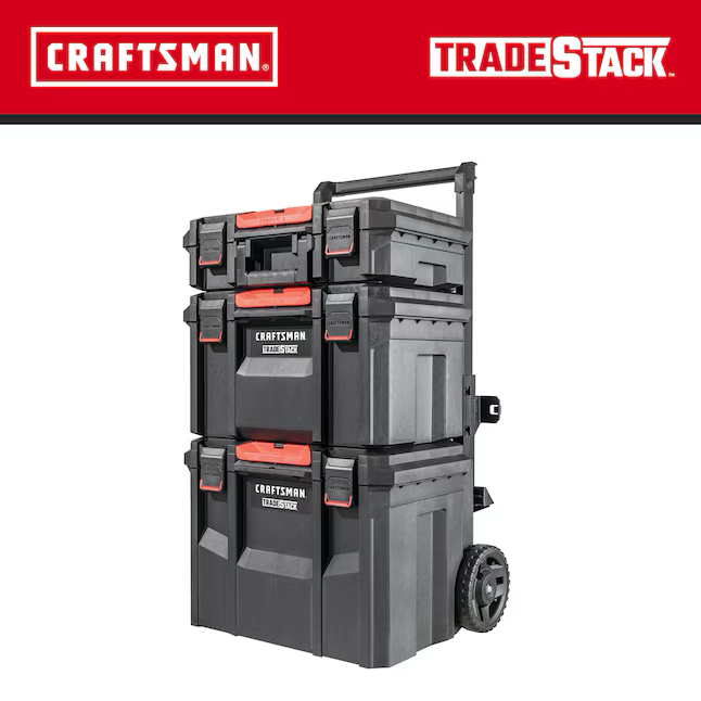 CRAFTSMAN TRADESTACK-System 22-Zoll-Werkzeugkasten mit schwarzen Kunststoffrädern und verschließbarem Deckel