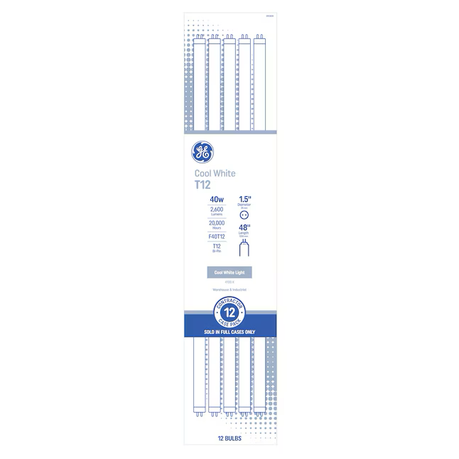 Bombilla fluorescente regulable GE EQ T12 de 40 vatios, luz blanca fría, de dos pines (g13) (paquete de 12)