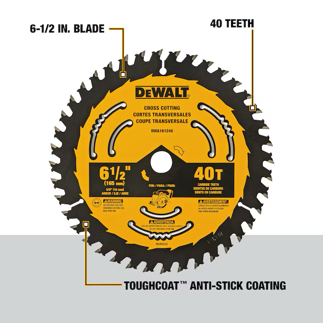 DeWalt 6-1/2 Zoll 40-Zahn-Kreissägeblatt aus Wolframkarbidstahl mit feiner Oberfläche