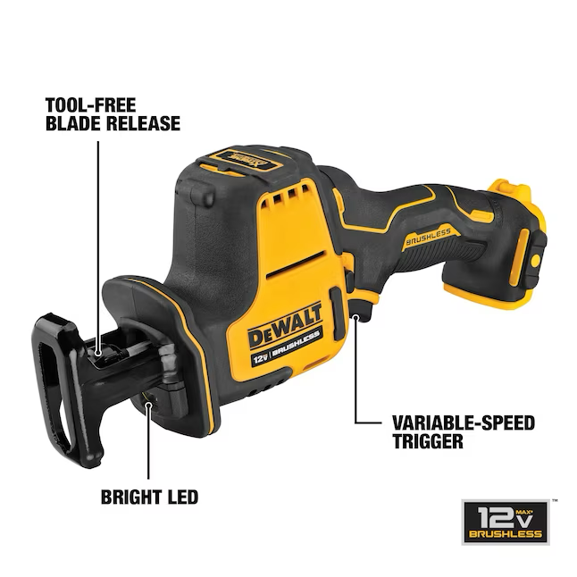 Sierra recíproca inalámbrica sin escobillas DEWALT XTREME de velocidad variable máxima de 12 voltios (herramienta básica)