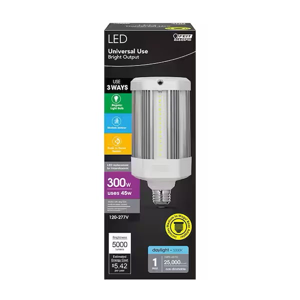 Feit Electric - 300 W - Äquivalent zu Maiskolben - Bewegungsaktiviert &amp; Dämmerungsschalter - Hohe Lumenzahl - HID Utility LED-Glühbirne - Tageslicht 5000 K (1 Glühbirne)