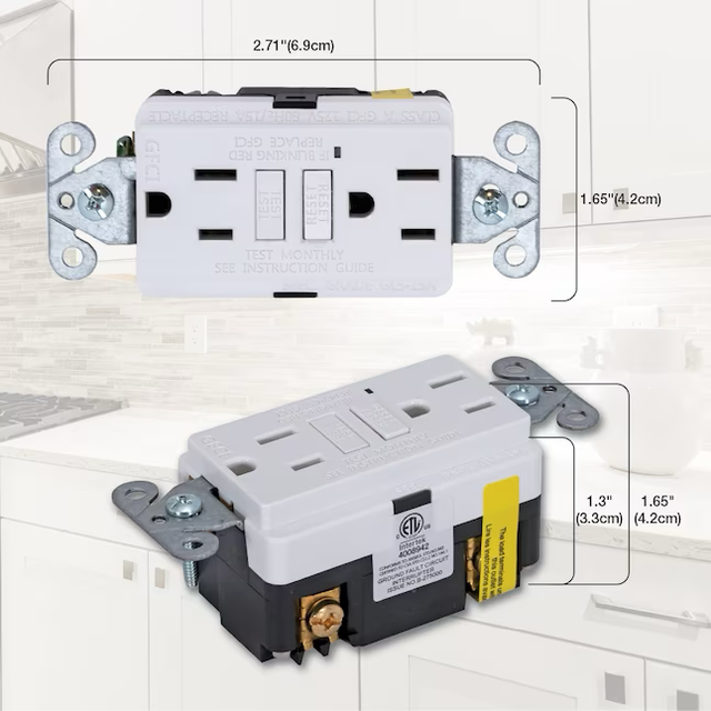 Tomacorriente GFCI delgado de autoprueba dúplex EZ-FLO de 15 amperios y 125 voltios con indicador LED y placa de pared (blanco)