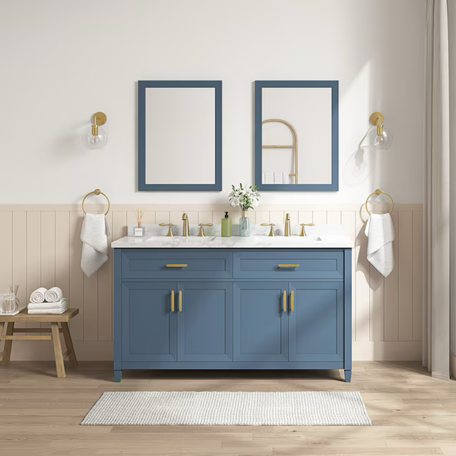 allen + roth Lancashire 60-in Chambray Blue Undermount Double Sink Bathroom Vanity with White Engineered Stone Top