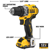 Taladro inalámbrico sin escobillas DEWALT XTREME de 12 voltios máximo de 3/8 pulgadas (2 baterías incluidas, cargador incluido y bolsa suave incluida)