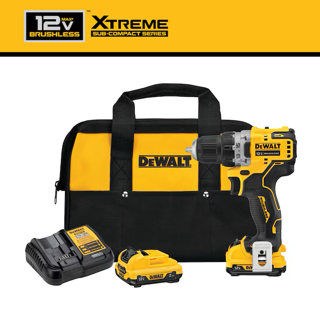 Taladro inalámbrico sin escobillas DEWALT XTREME de 12 voltios máximo de 3/8 pulgadas (2 baterías incluidas, cargador incluido y bolsa suave incluida)