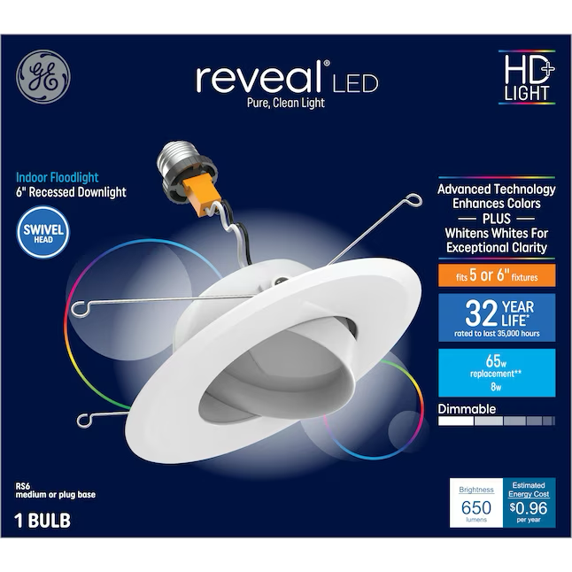 GE Reveal Luz empotrable LED redonda regulable, color blanco, de 5 o 6 pulgadas, 650 lúmenes, que mejora el color