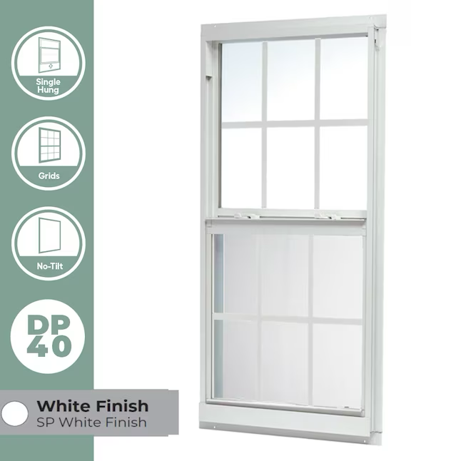 RELIABILT 46000 Serie Neubau 35-1/2 Zoll x 51-1/2 Zoll x 2-5/8 Zoll Pfosten Weißes Aluminium Low-E-Einfachfenster mit Gittern Halber Fliegengitter inklusive