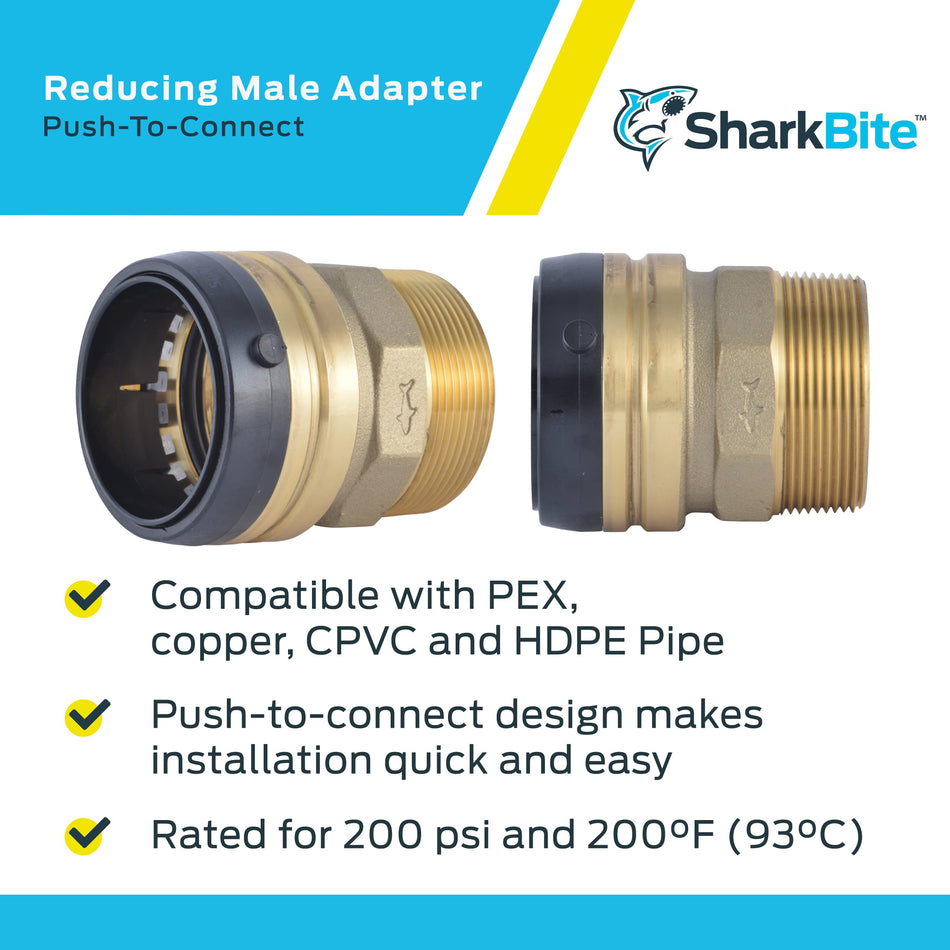 Adaptador macho de empuje de latón MNPT SharkBite de 2 pulg. x 2 pulg.