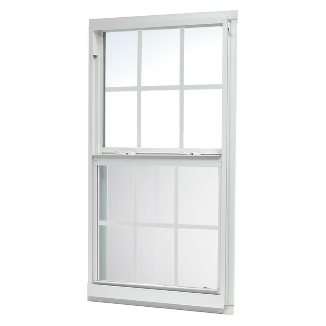 RELIABILT 46000 Serie Neubau 35-1/2 Zoll x 51-1/2 Zoll x 2-5/8 Zoll Pfosten Weißes Aluminium Low-E-Einfachfenster mit Gittern Halber Fliegengitter inklusive