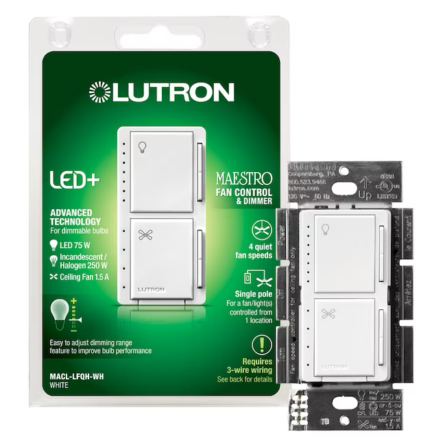 Lutron Maestro 1,5-Ampere-Lüftersteuerung mit 4 Geschwindigkeiten, kabelgebunden, Touch-Funktion, weiß