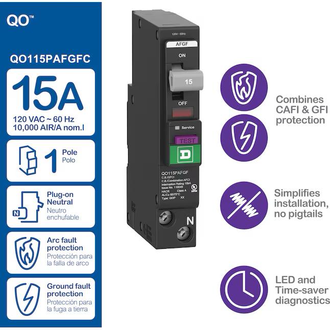 Square D QO 15-amp 1-Pole Dual Function Afci/Gfci Plug-on Neutral Circuit Breaker