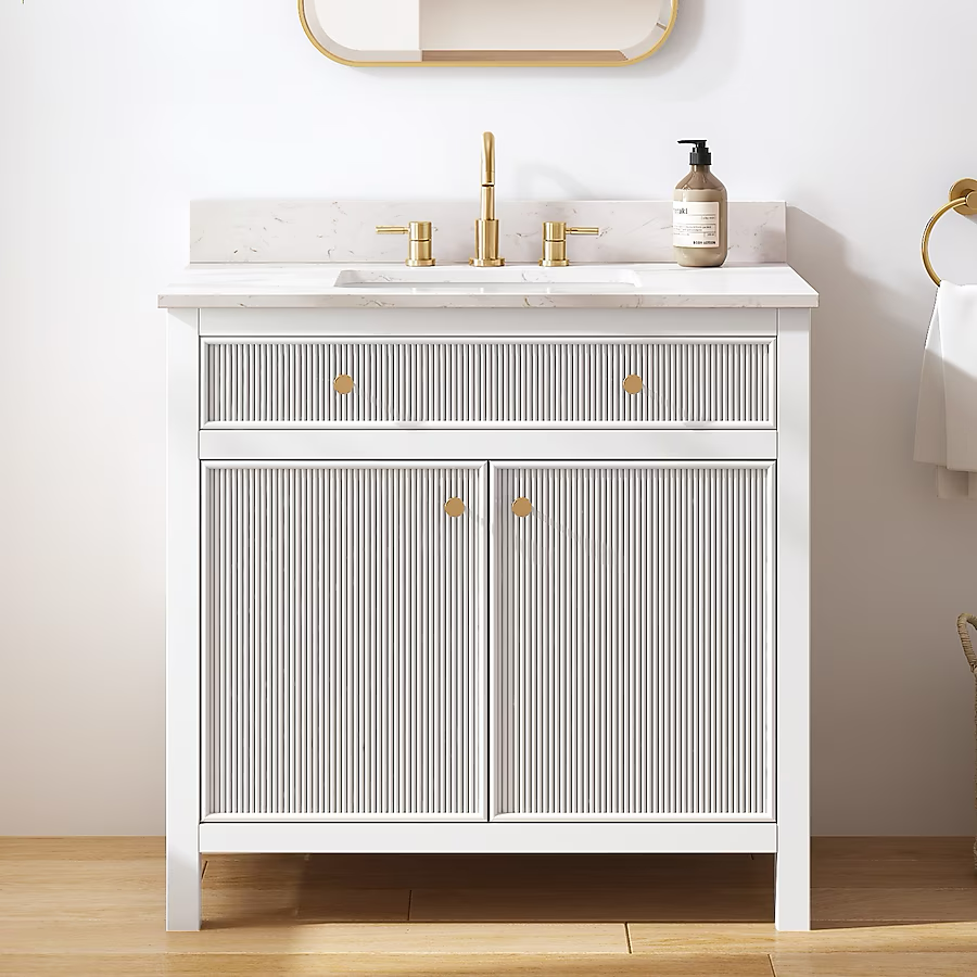 Mueble de baño con lavabo individual bajo encimera blanco Sandbanks de 36 pulgadas de Allen + Roth con cubierta de piedra artificial blanca