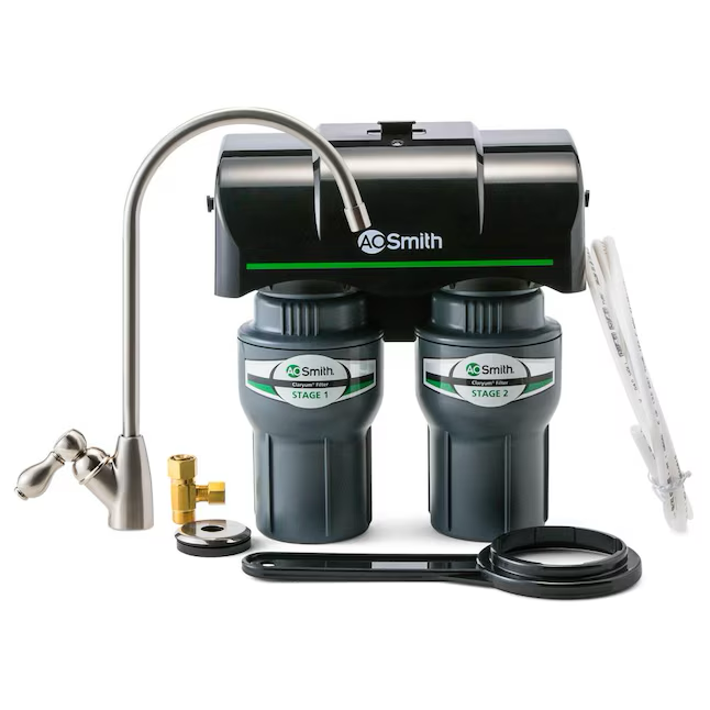 A.O. Smith 2-Stage Carbon Block Under Sink Water Filtration System with Brushed Nickel Faucet