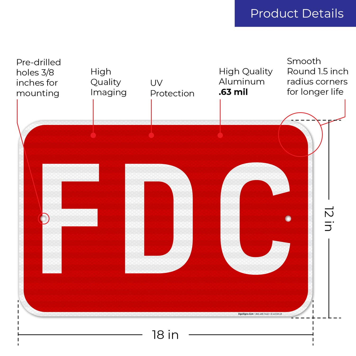 FDC-Schild, roter Hintergrund, 12 x 18 Zoll. 