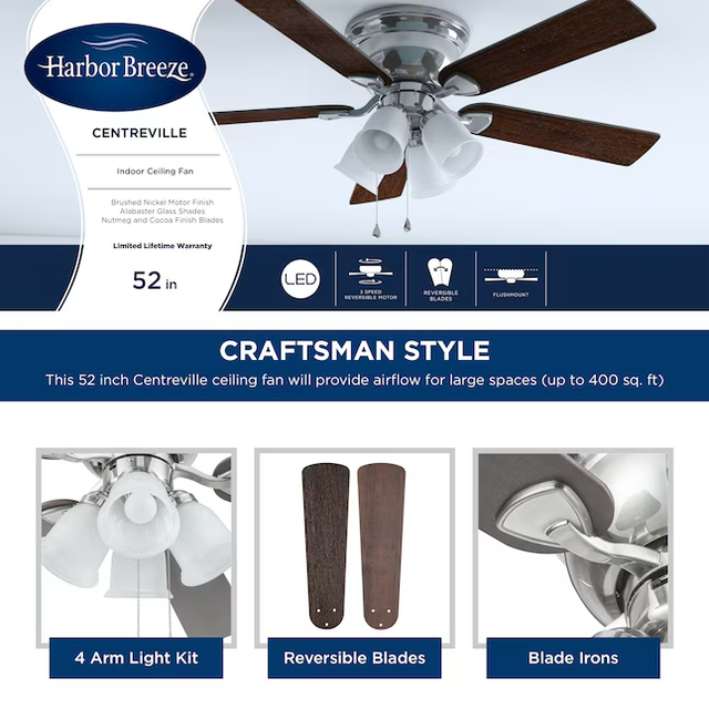 Harbor Breeze Centreville 52-in Brushed Nickel Indoor Flush Mount Ceiling Fan with Light (5-Blade)