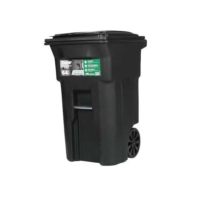 Toter 64-Gallons Black Plastic Wheeled Trash Can with Lid Outdoor