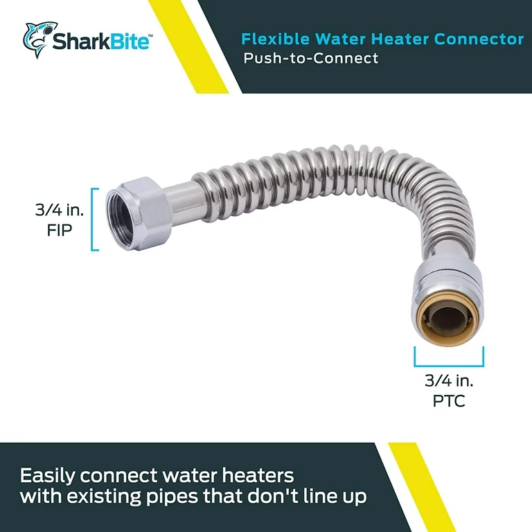 Conector de calentador de agua de acero inoxidable corrugado SharkBite, entrada de conexión a presión de 12 pulgadas y 3/4 pulgadas x salida FIP de 3/4 pulgadas