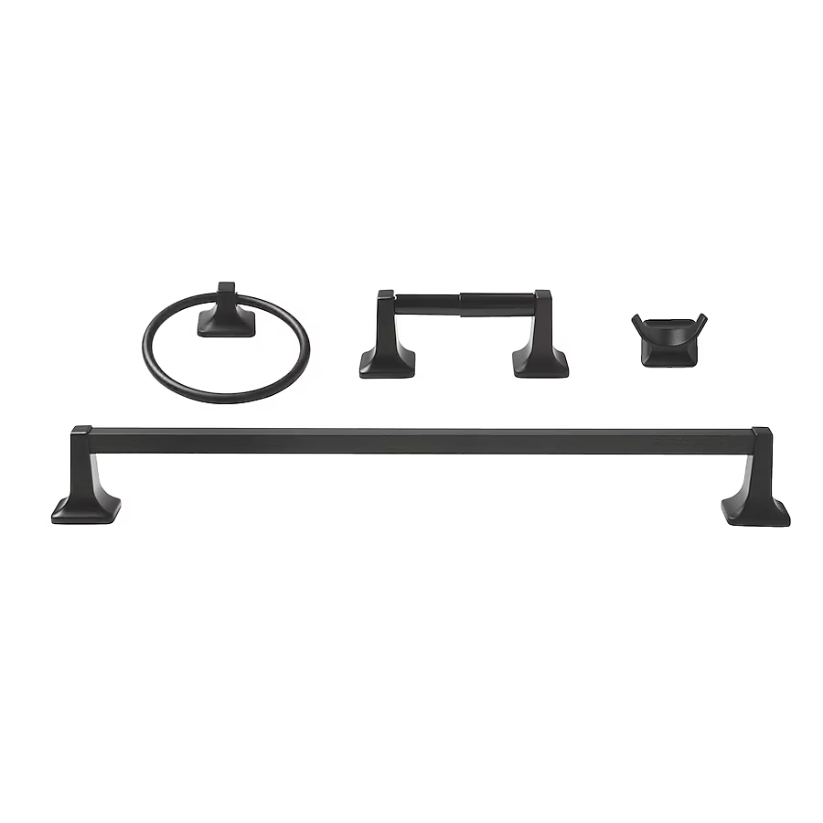 Project Source 4-Piece Seton Matte Black Decorative Bathroom Hardware Set with Towel Bar, Toilet Paper Holder, Towel Ring and Robe Hook