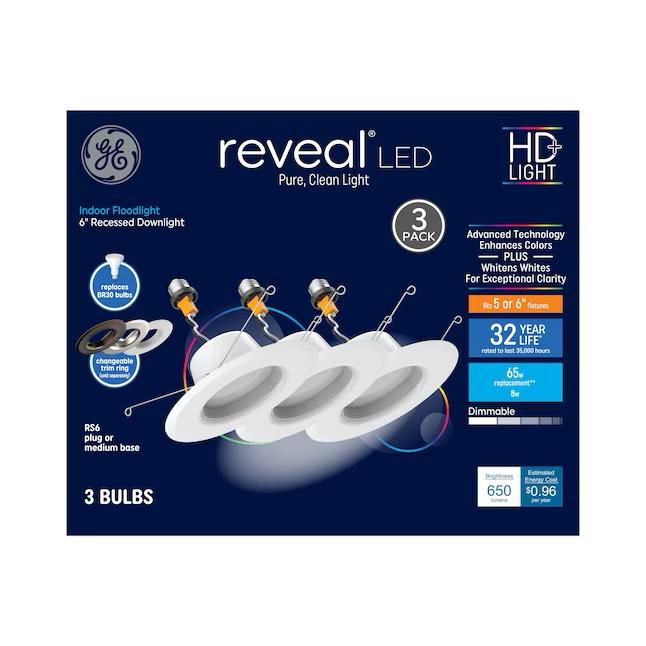 GE Reveal Weißes, 5 Zoll oder 6 Zoll großes, farbverstärkendes, rundes, dimmbares LED-Einbau-Downlight (3er-Pack)