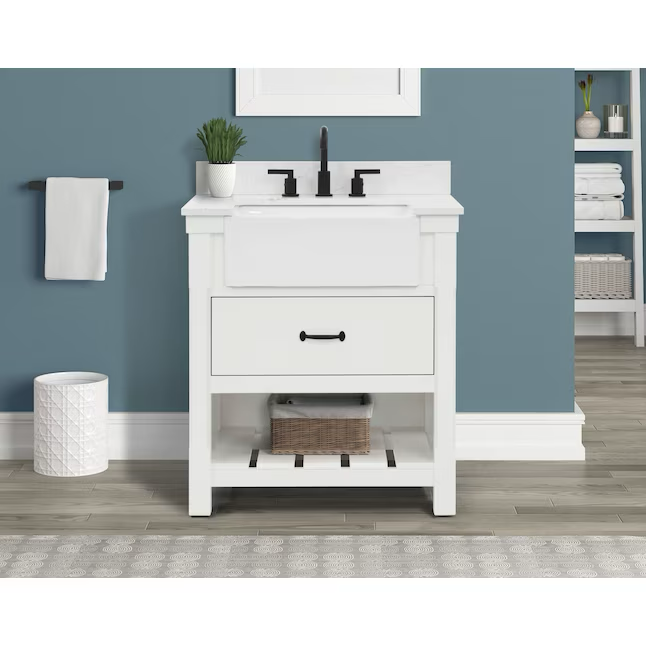 Allen + Roth Briar 30-in Carrara White Farmhouse Single Sink Bathroom Vanity with White Engineered Marble Top