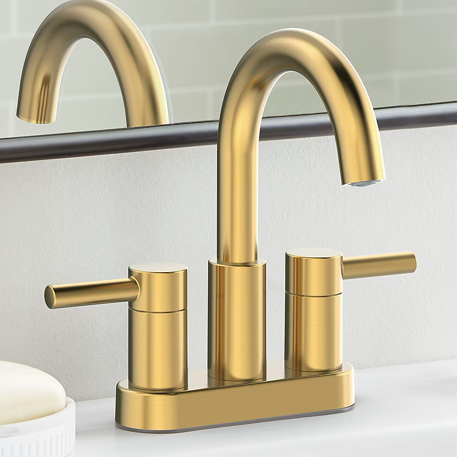 allen + roth Harlow Badezimmer-Waschbeckenarmatur mit 2 Griffen, WaterSense, 10,2 cm, Mittelset, gebürstetes Gold, mit Ablaufgarnitur und Deckplatte