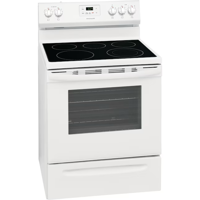 Frigidaire Cocina eléctrica independiente de 30 pulgadas con tapa de vidrio, 5 quemadores y 5.3 pies cúbicos (blanco)