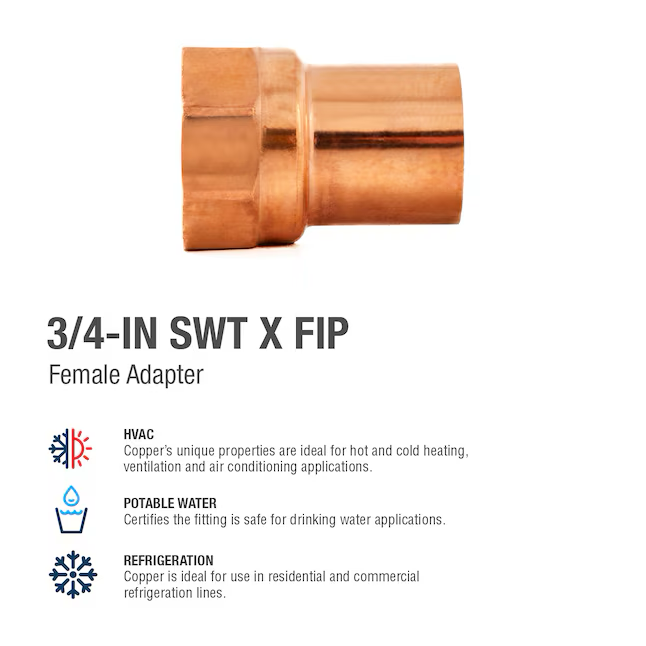 Adaptador hembra de cobre SABER SELECT SWT de 3/4 pulg. x FIP de 3/4 pulg.