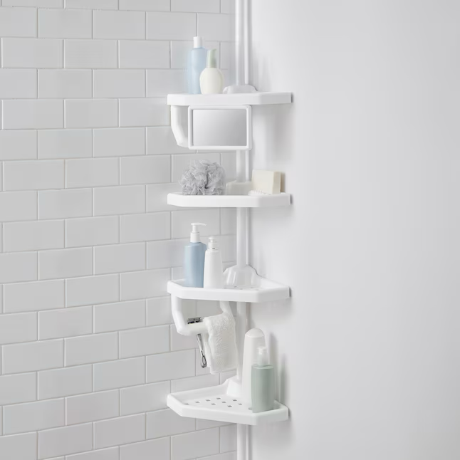 Style Selections White Steel 4-Shelf Tension Pole Freestanding Shower Caddy 13.4-in x 9.4-in x 97-in