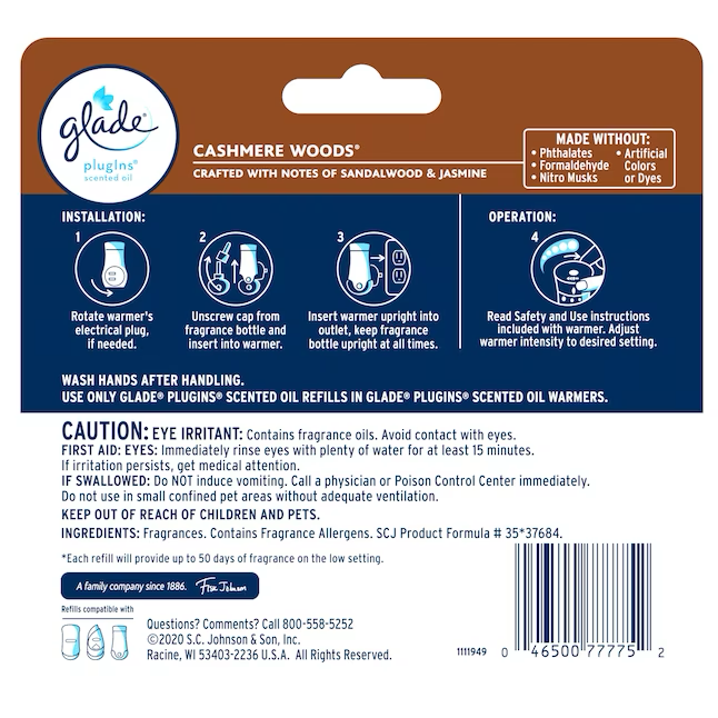 Glade Duftöl 0,67 fl oz Cashmere Woods Nachfüll-Lufterfrischer (5er-Pack)