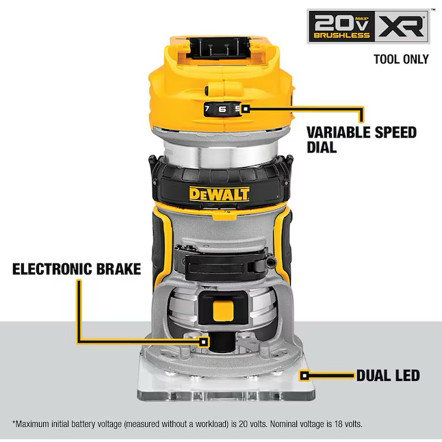 Enrutador inalámbrico fijo sin escobillas DEWALT XR de 1/4 de pulgada de velocidad variable (herramienta básica)