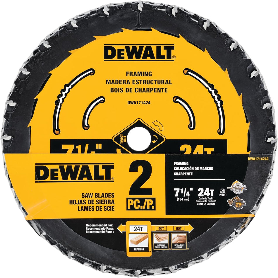 Hoja de sierra circular DeWalt, 7 1/4 pulgadas, 24 dientes, corte de madera (paquete de 2)