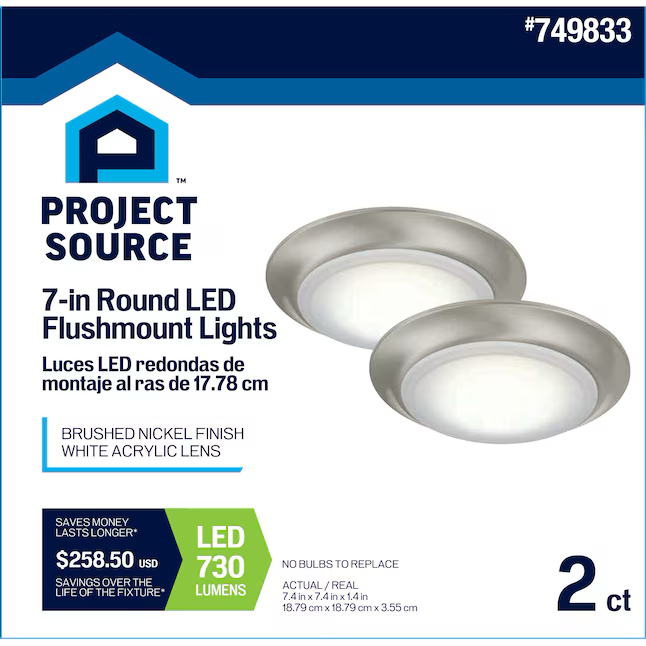 Project Source 1-Light 7.4-in Brushed Nickel LED Flush Mount Light (2-Pack)