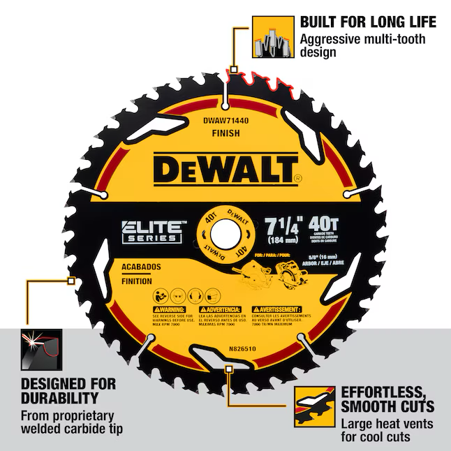 Hoja de sierra circular de acero con punta de carburo de tungsteno de acabado fino de 40 dientes y 7-1/4 pulgadas DEWALT ELITE SERIES